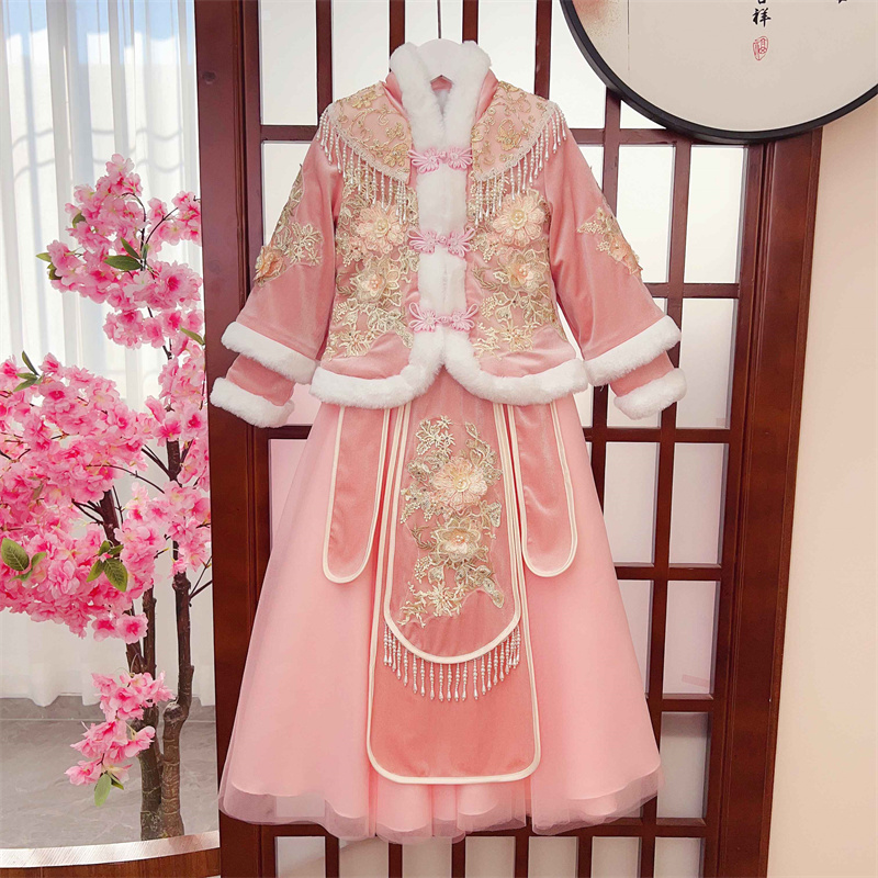 2598中国风女童汉服儿童古装秋冬唐装古风小女孩拜年服加绒冬季