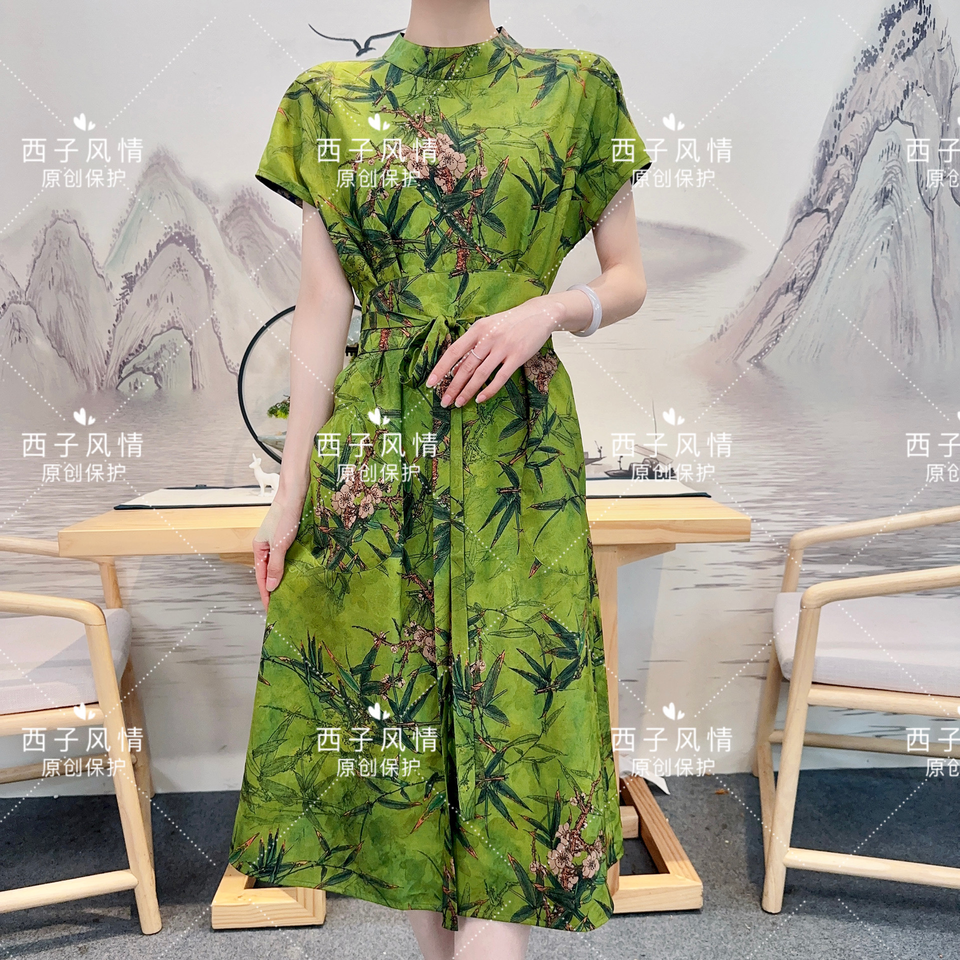 西子风情  绿茶竹桃蓝灰海棠单层双面双穿腰封连衣裙