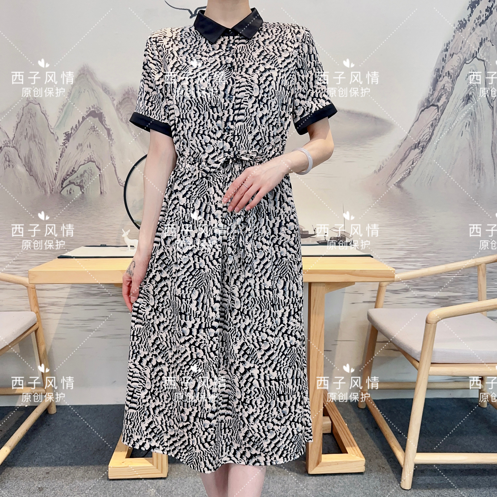 西子风情 翻领石头花抽绳款夏季新款连衣裙