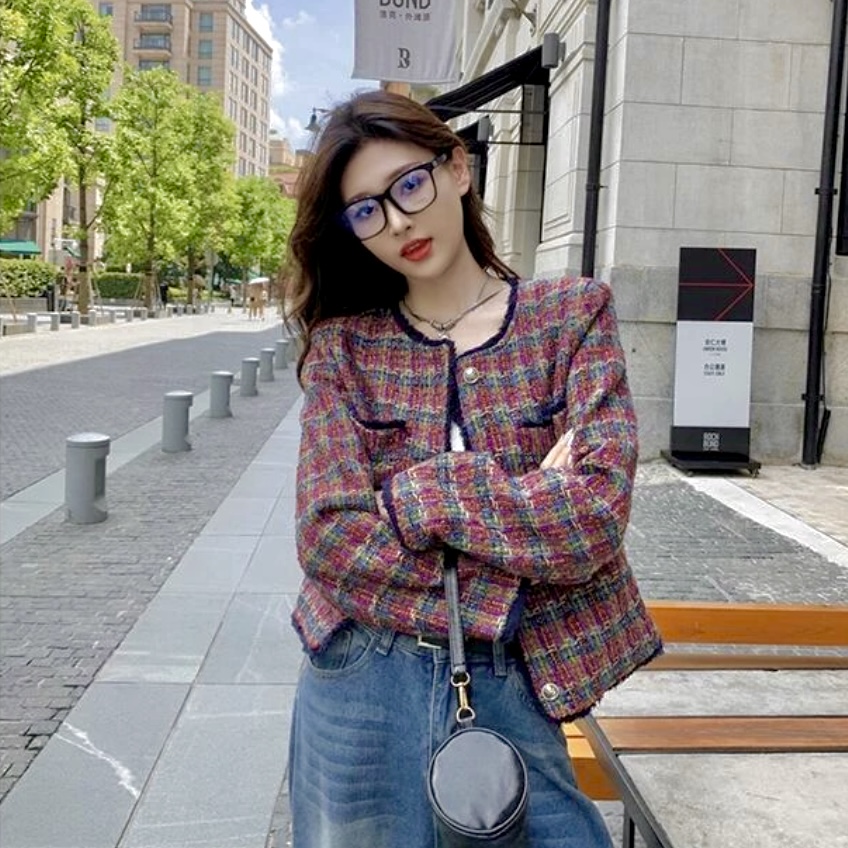 复古小香风新款高级感时尚百搭格纹轻奢开衫格子显瘦外套R33#0.08