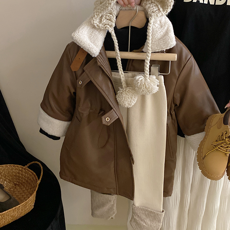 R23613女童皮衣外套2023秋冬款洋气中长款上衣纯色打底衫套装