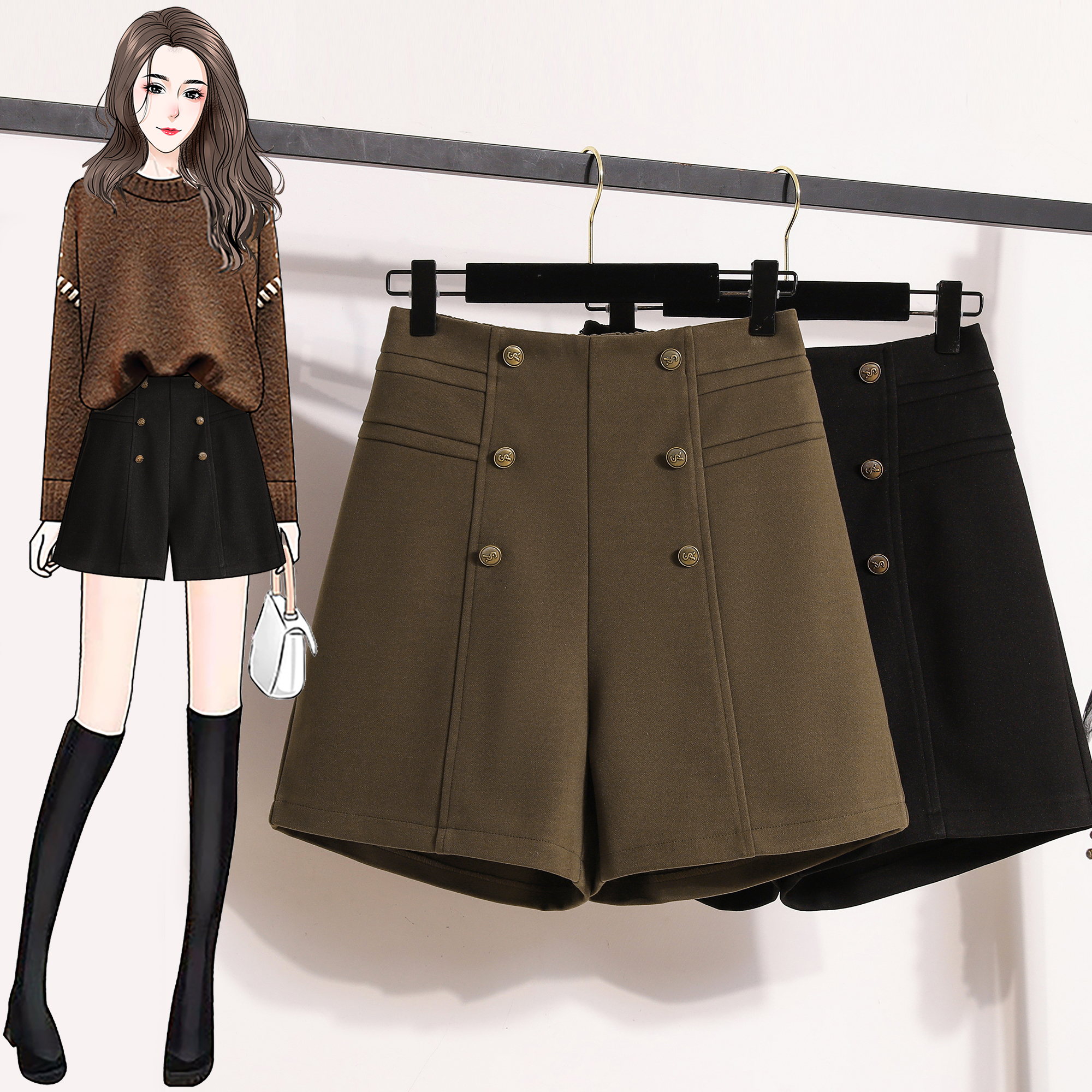 毛呢五分短裤女高腰a字秋设计感小众显瘦双排扣外穿靴裤-QGQY7513