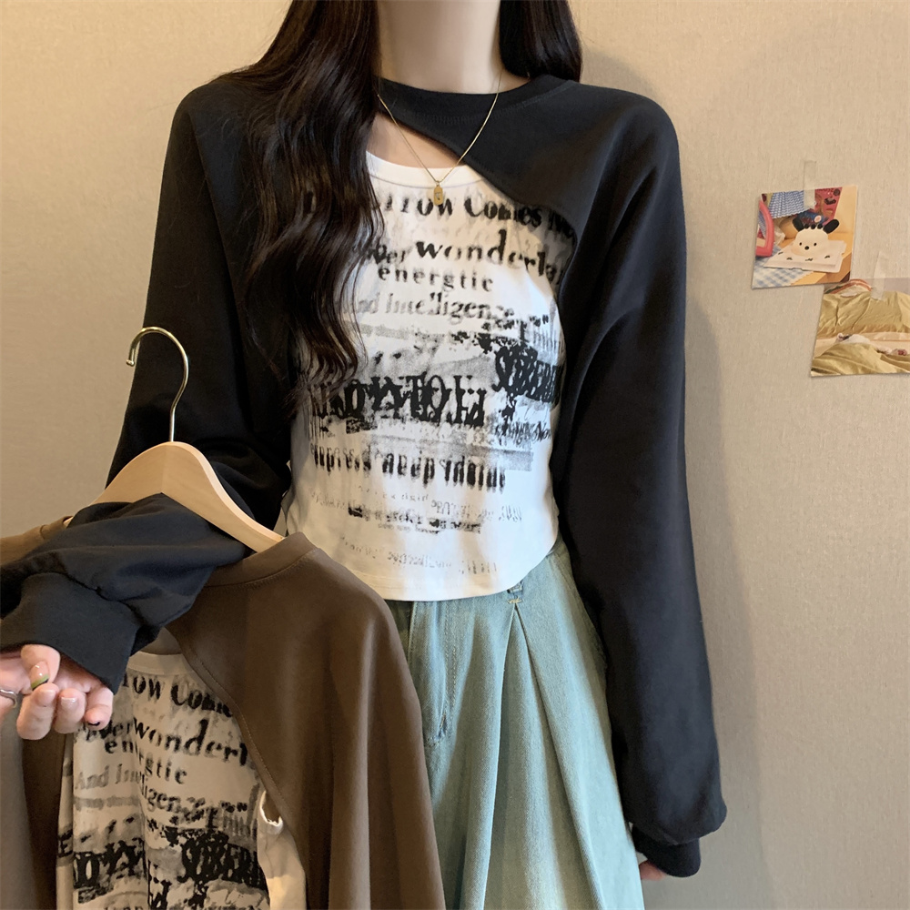 大码秋季时尚字母印花背心+宽松短款长袖短外套两件套女-YD6664