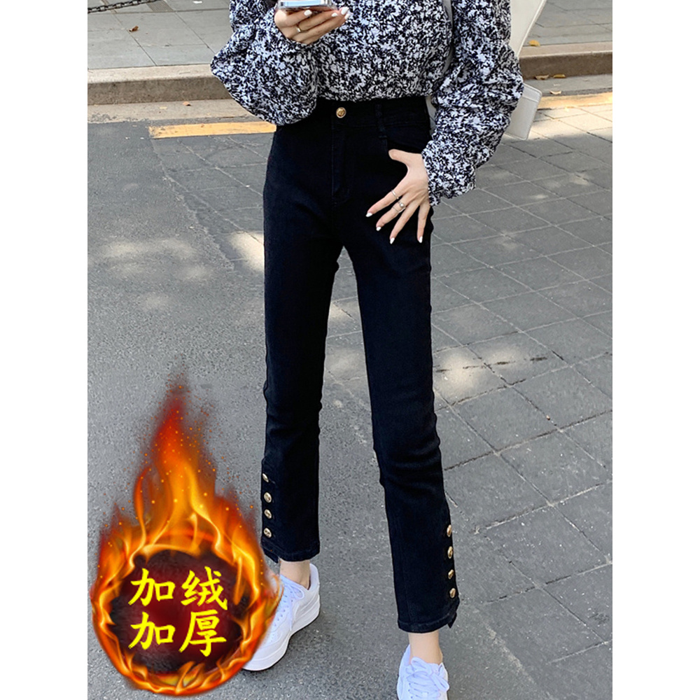 黑色直筒九分牛仔裤女显瘦时尚弹力大码高腰排扣烟管裤-FYQ8161