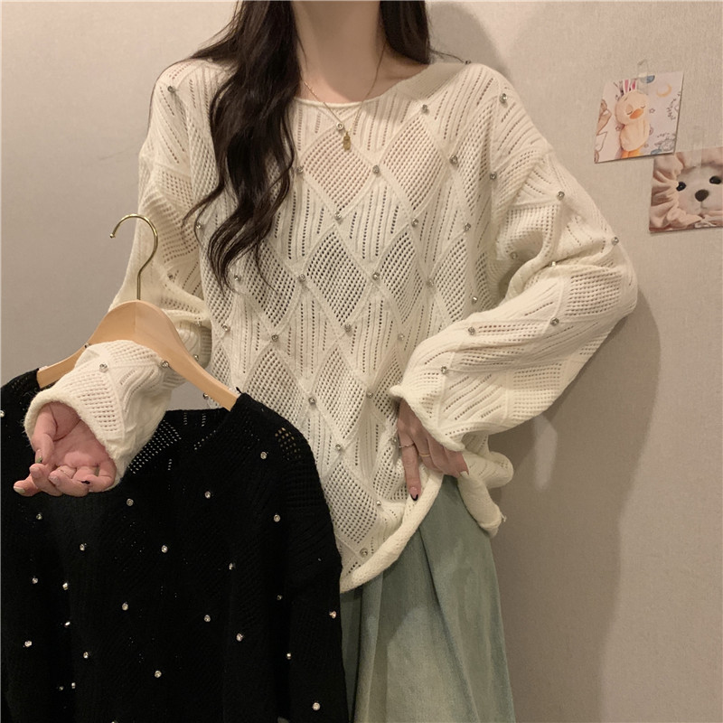 法式温柔风重工钉珠镂空套头毛衣女秋新款宽松纯色毛衣-YMNZ6060