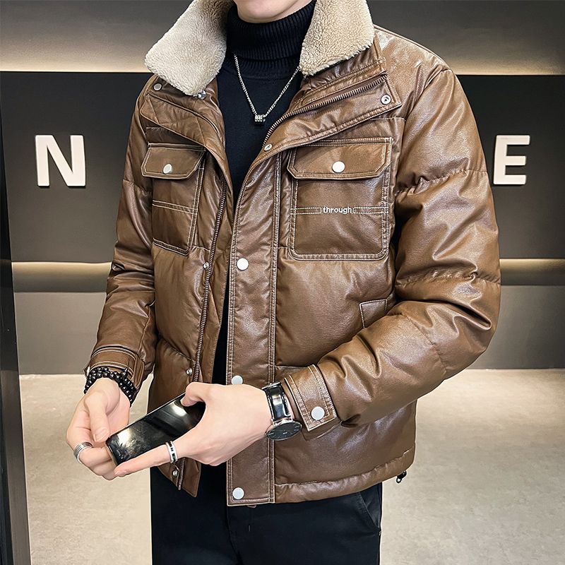 皮羽I绒服男冬季2023年新款轻薄加厚帅气短款潮牌羊羔毛领男装