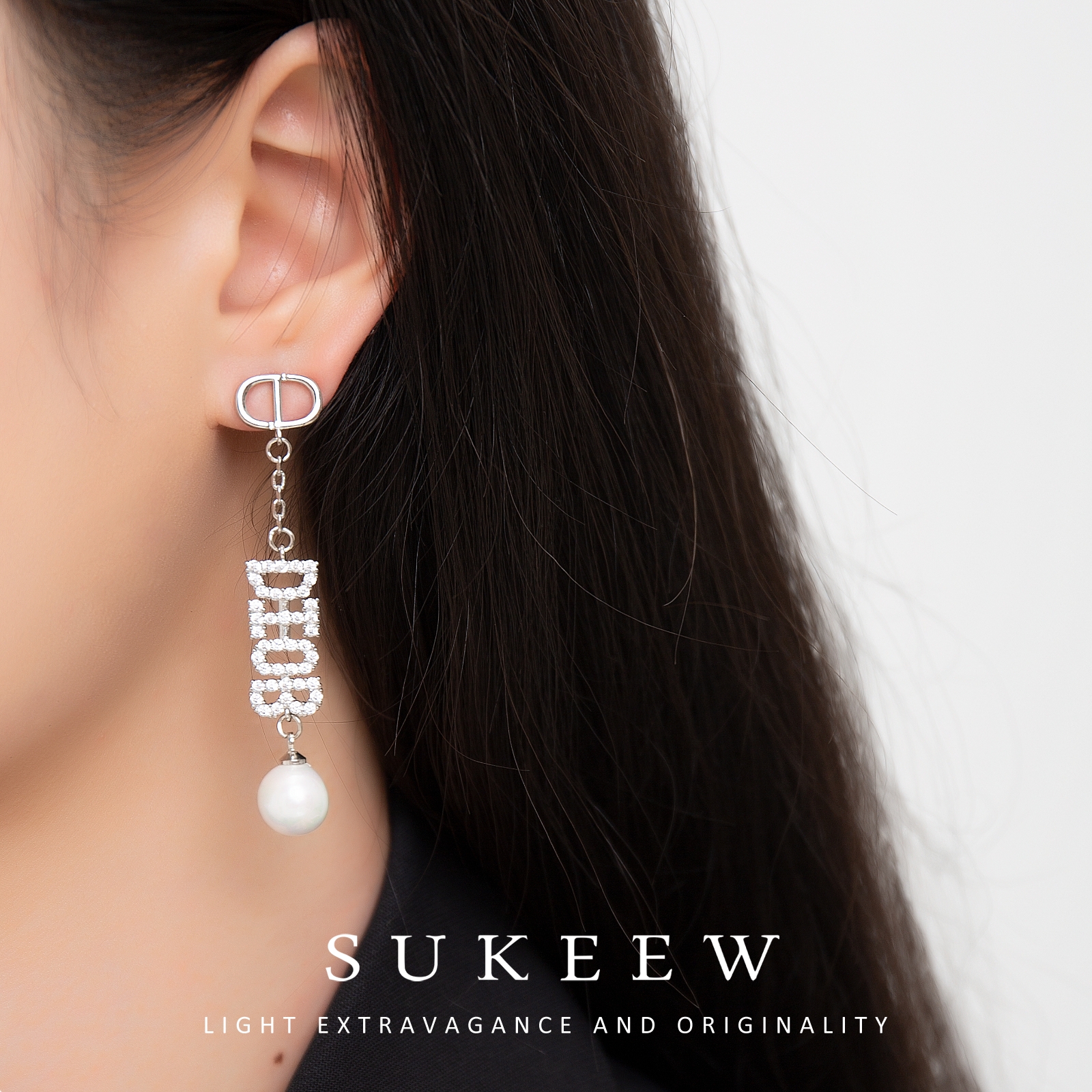 SUKEEW/酥可 铜合金合成锆石耳饰 时尚字母流苏珠珠耳环090611