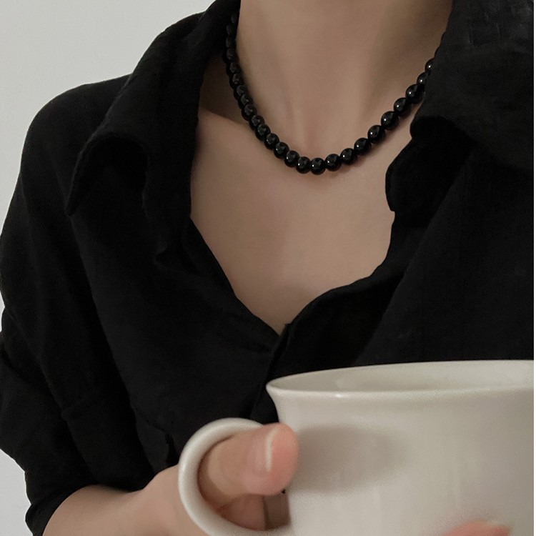 合金项链 新款fever简单黑色串珠项链女暗黑高级感锁骨链毛衣链