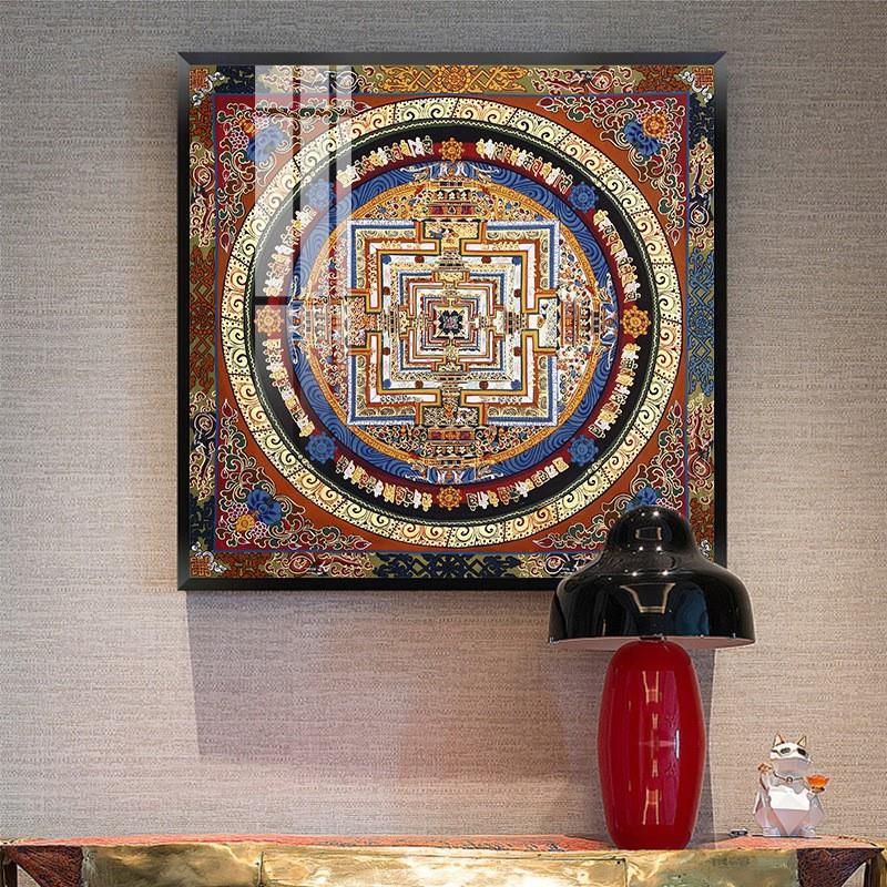 黑金唐卡挂画六字真言三联玄关装饰画壁画山水玄关画大气玄关挂画