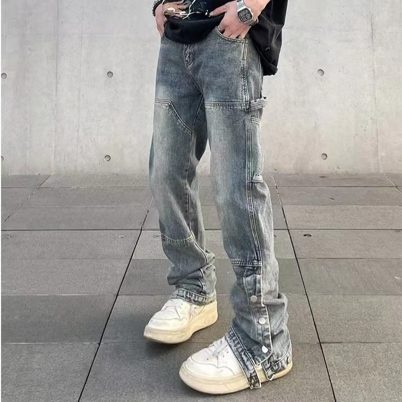 美式高街vibe风水洗做旧开叉排扣牛仔裤男ins潮直筒微喇堆积裤子