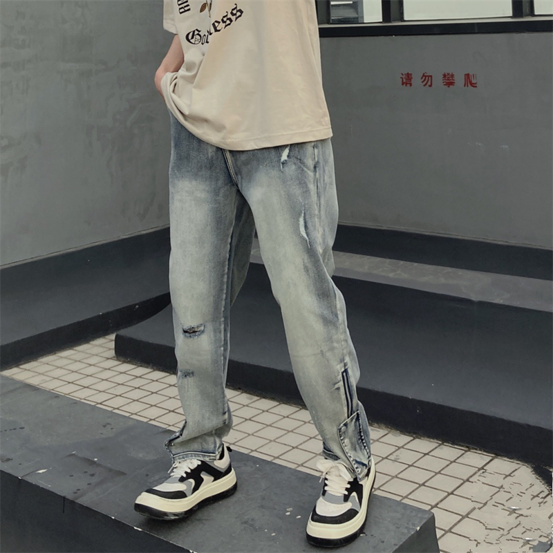 美式街头水洗做旧裤脚拉链排扣vibe风牛仔裤直筒休闲长裤子男女