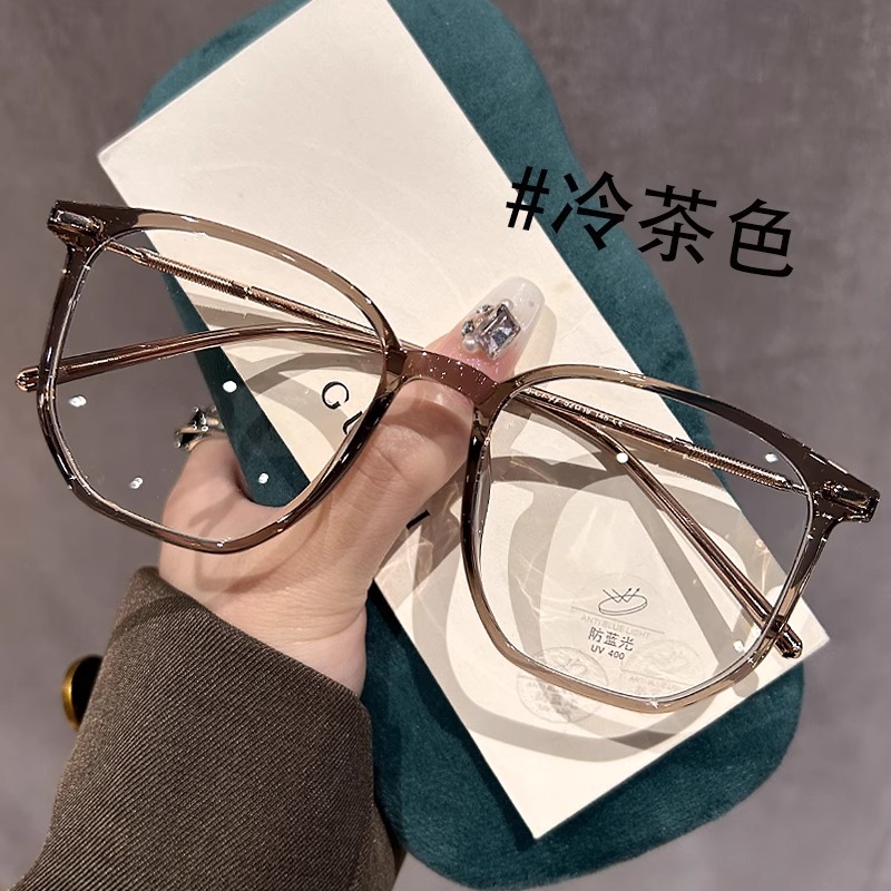 冷茶色大框眼镜女可配度数方圆脸素颜神器高级感显脸小平光眼睛框