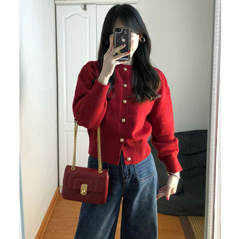 春秋季女装新款小香风上衣高级感针织开衫收腰红色毛衣本命年外套