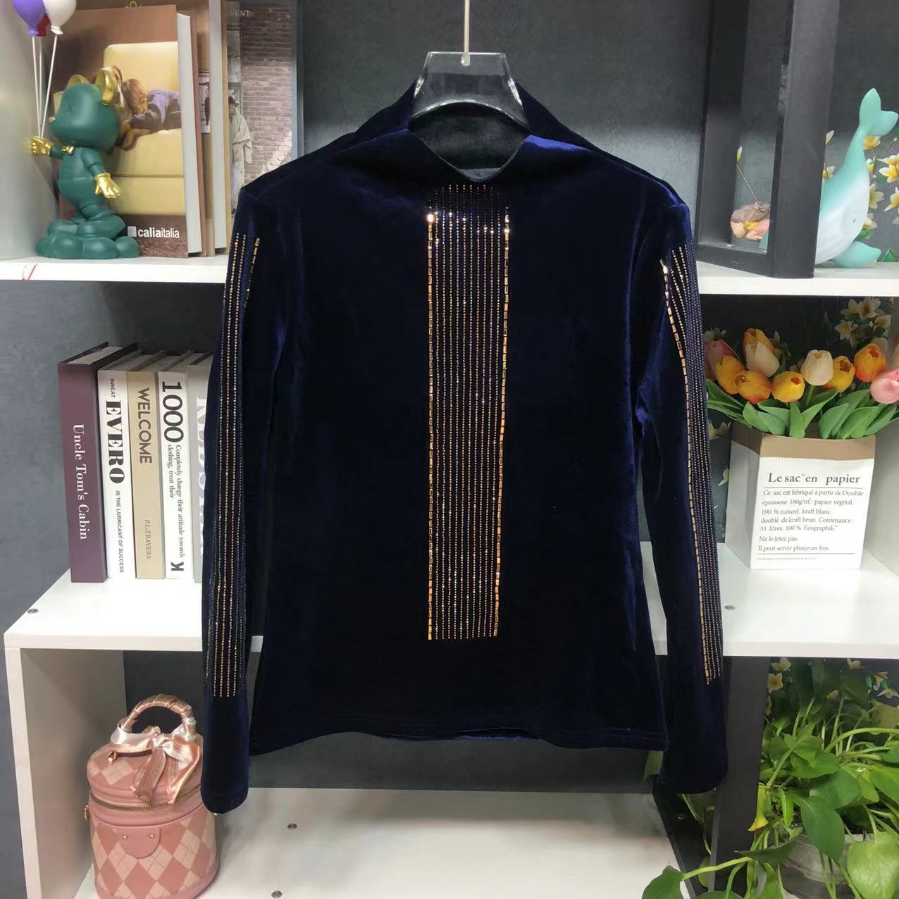 X21064【冬季加绒新款】时尚藏蓝色半高领重工亮片洋气打底上衣