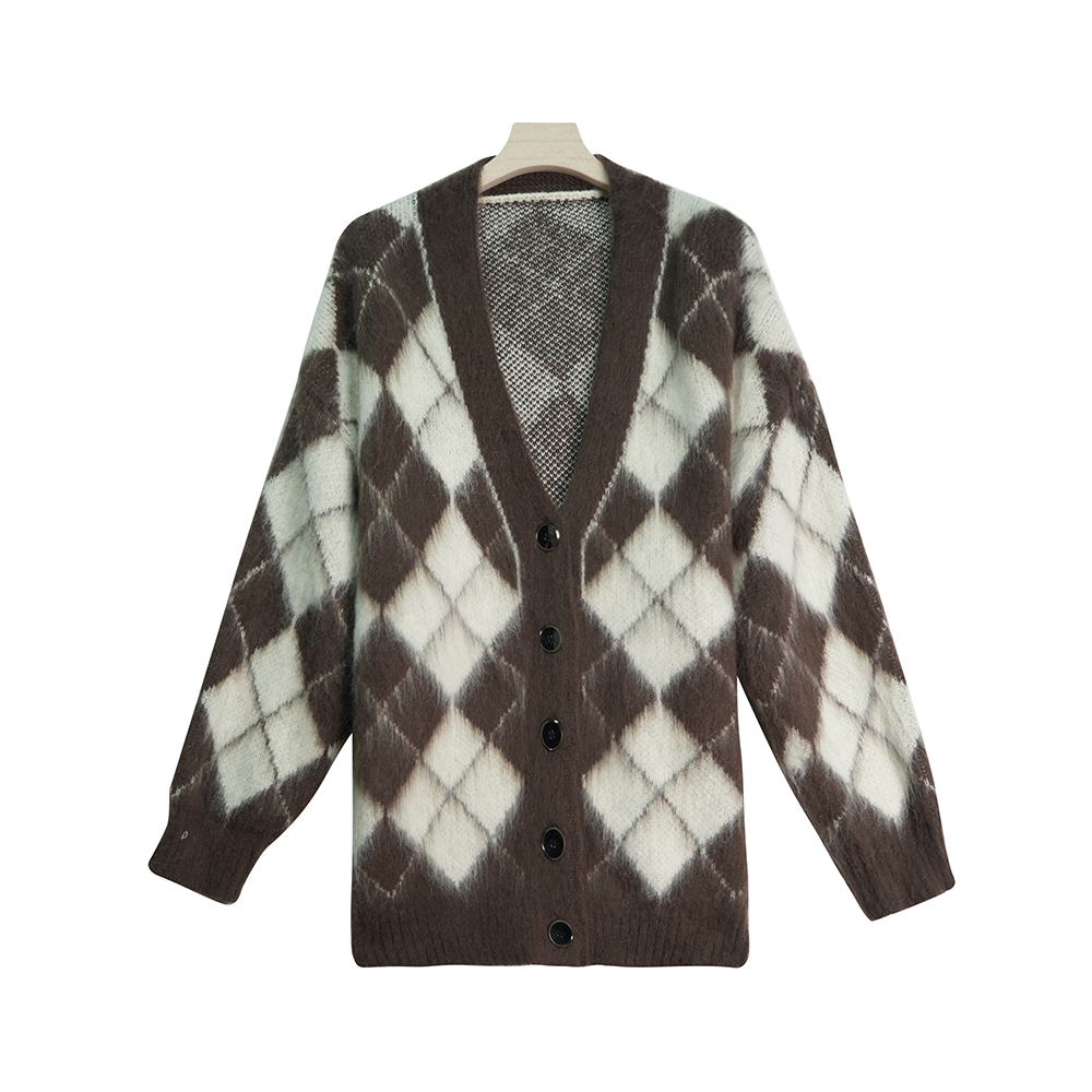 X24269【上新】慵懒风复古软糯菱形格V领咖色开衫外套3Q