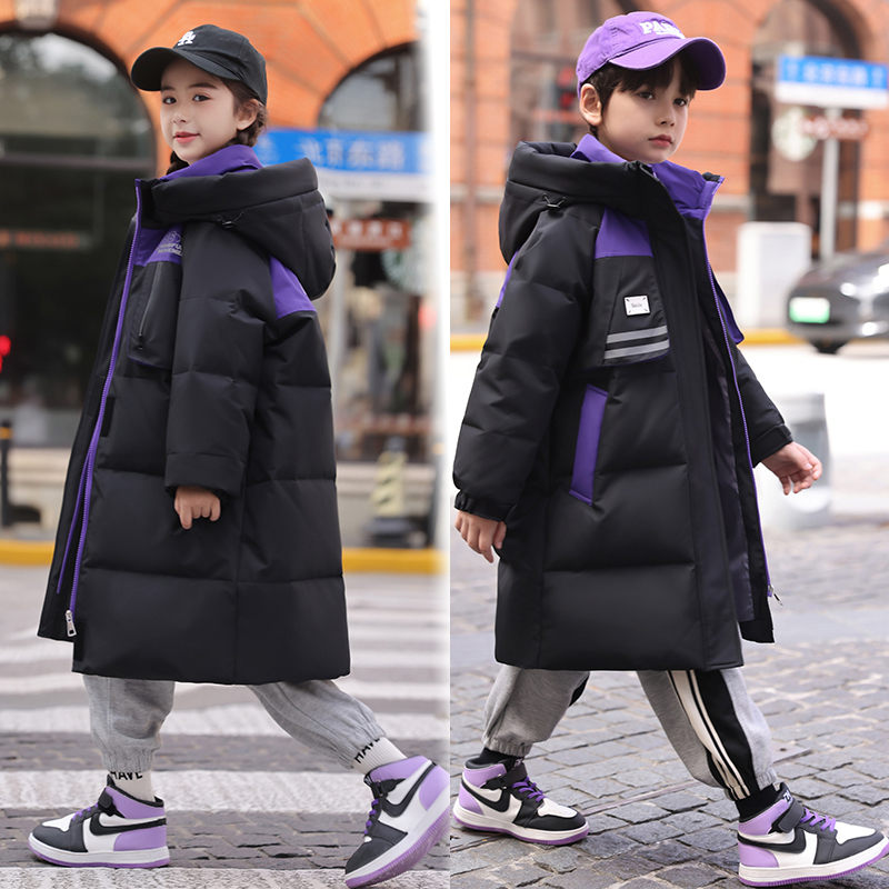男女童白鸭绒中长款羽绒服2023冬装儿童韩版中大童加厚连帽外套潮