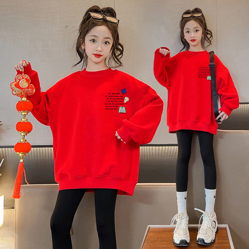 贝尔熊中大女童新年红色卫衣2024新款冬季加绒炸街打底衫上衣潮