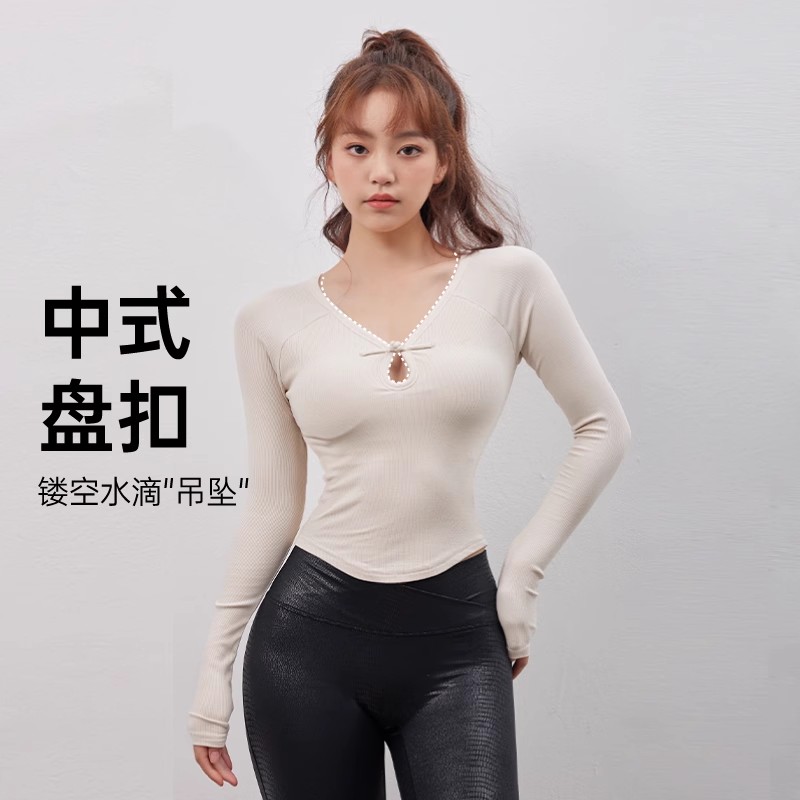 Mitaogirl中式盘扣瑜伽服女性感镂空健身服外穿紧身运动长袖上衣