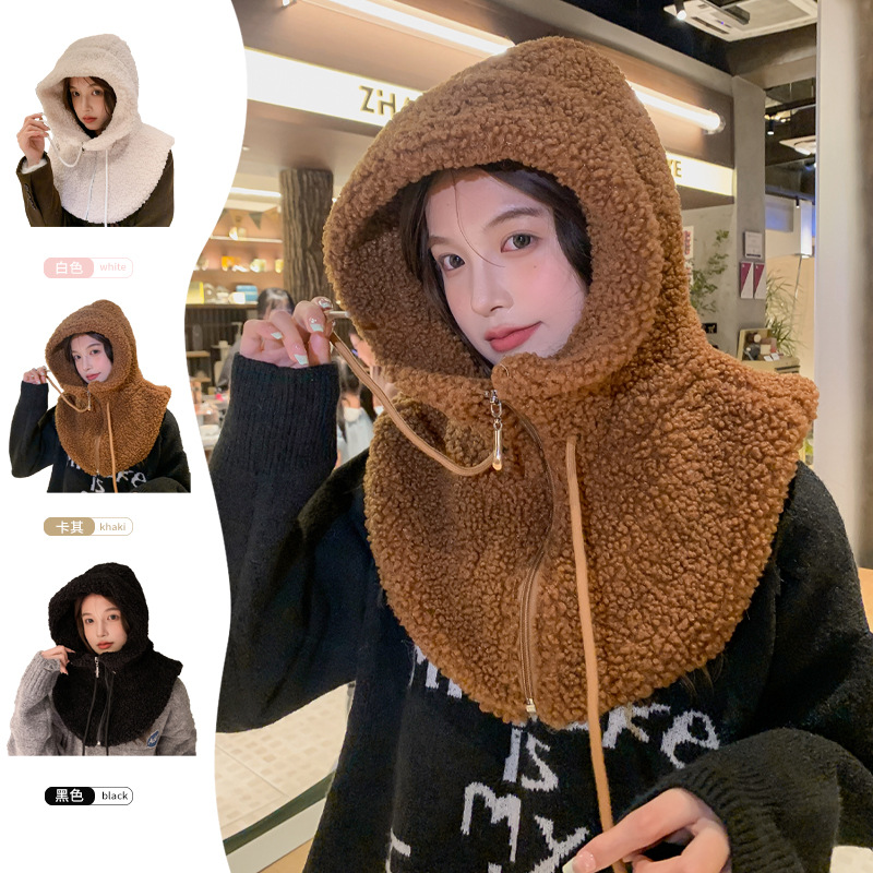 冬季女加厚帽子围脖一体骑车防寒保暖百搭出游骑行毛绒包头帽防风
