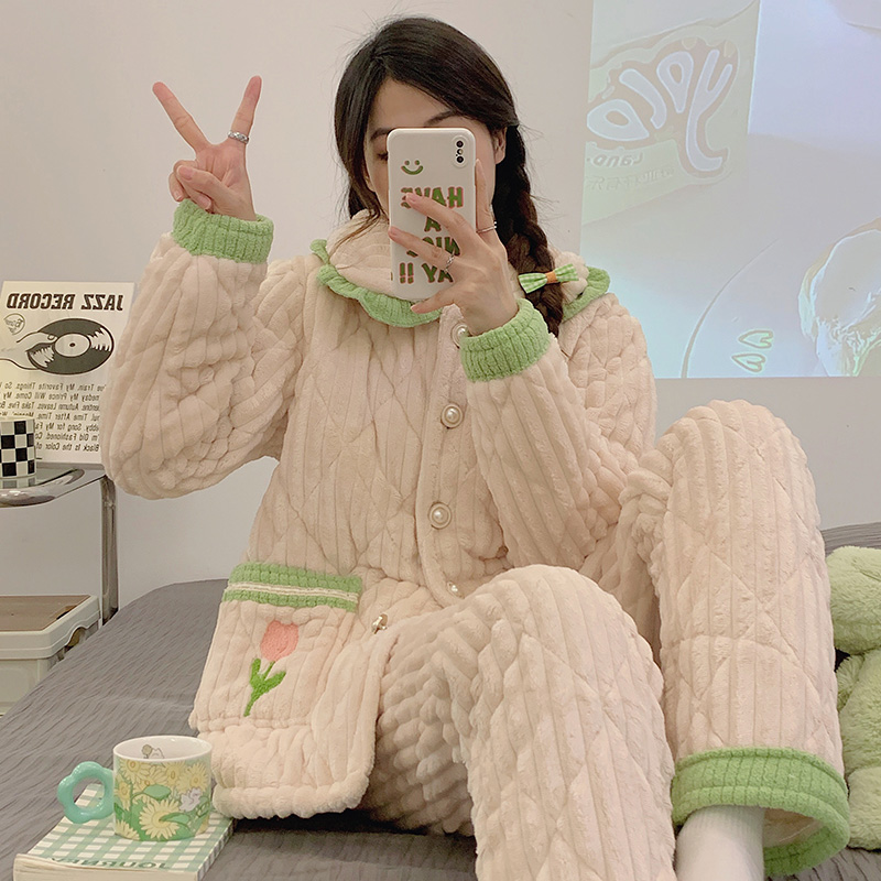 【夹棉1243】睡衣女冬季黄色熊保暖拉链开衫套装韩版宽松棉袄家居