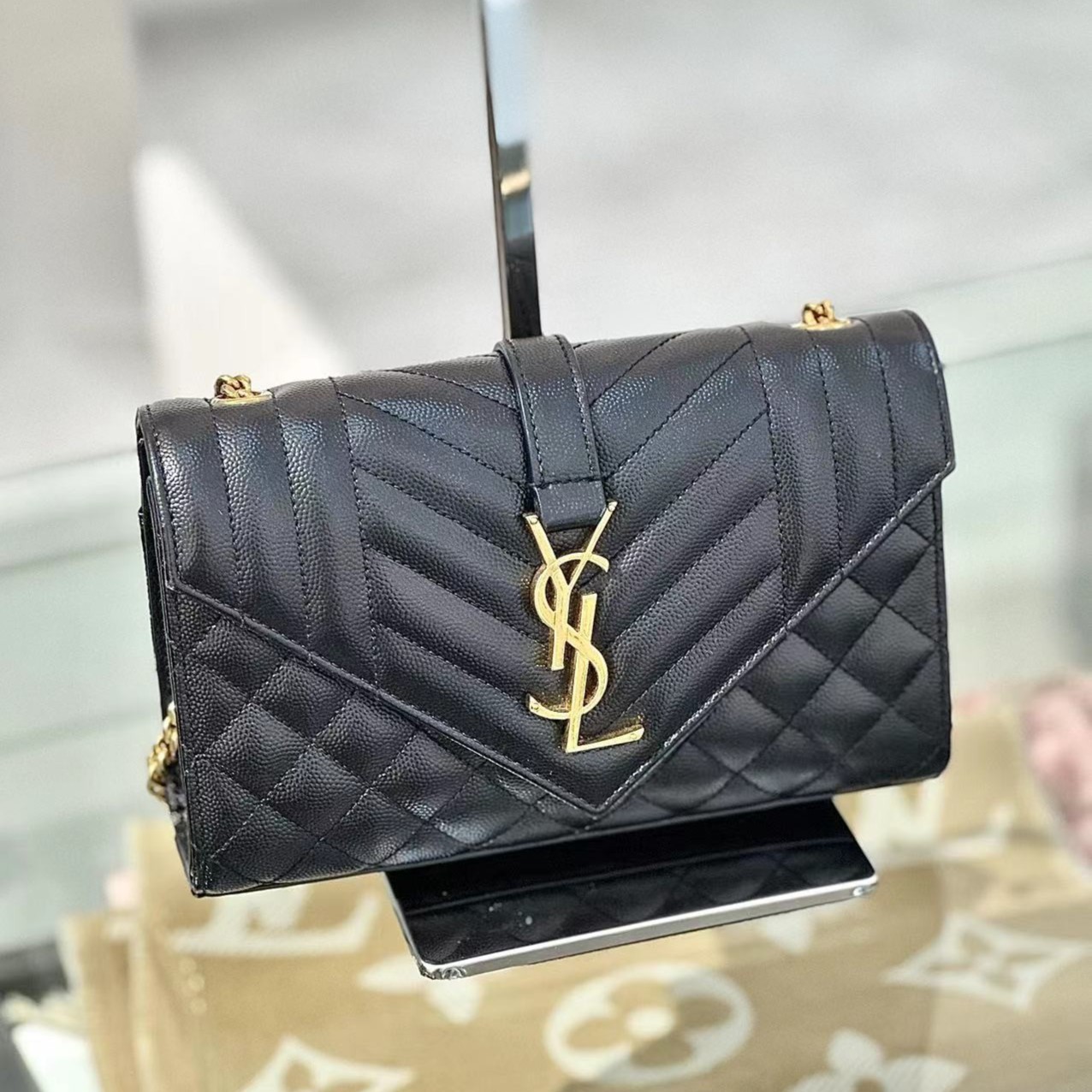 99新 YSL/圣罗兰 ysl新款黑金信封斜挎单肩斜跨包/公价17800/严选