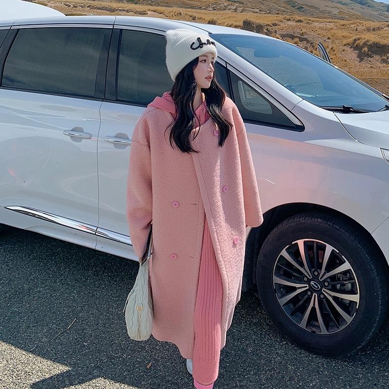 粉色羊羔毛外套女秋冬季2023新款韩版宽松时尚洋气减龄中长款大衣