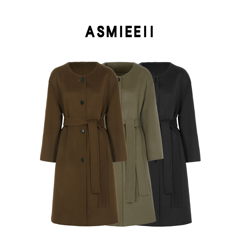 2023秋冬新款优雅圆领大衣双面羊毛显瘦中长款毛呢外套女2397