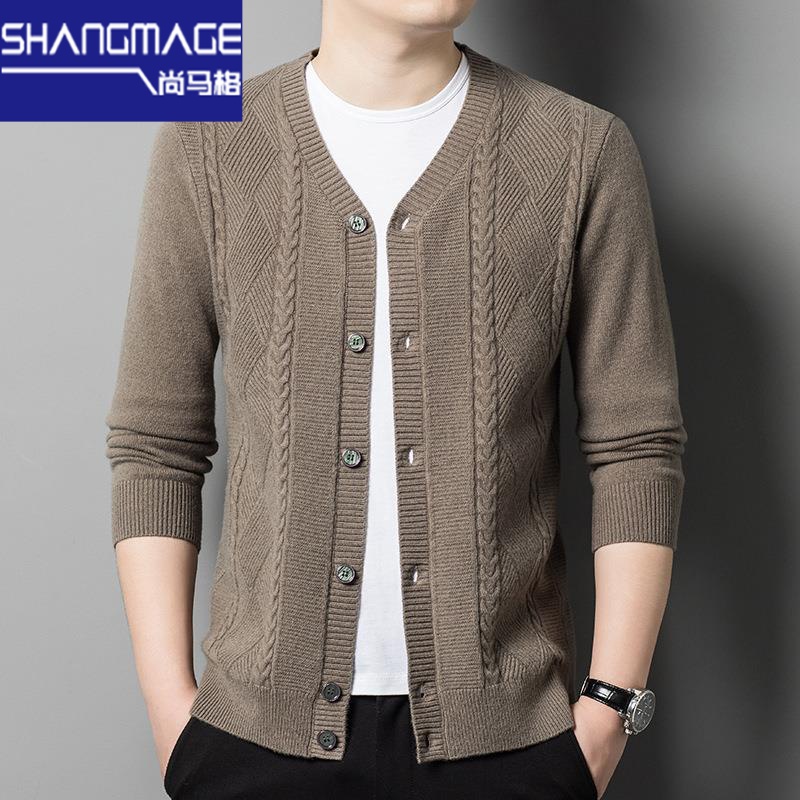 羊毛秋冬新款V领针织衫外套男士长袖开衫中青年百搭男装毛线衣
