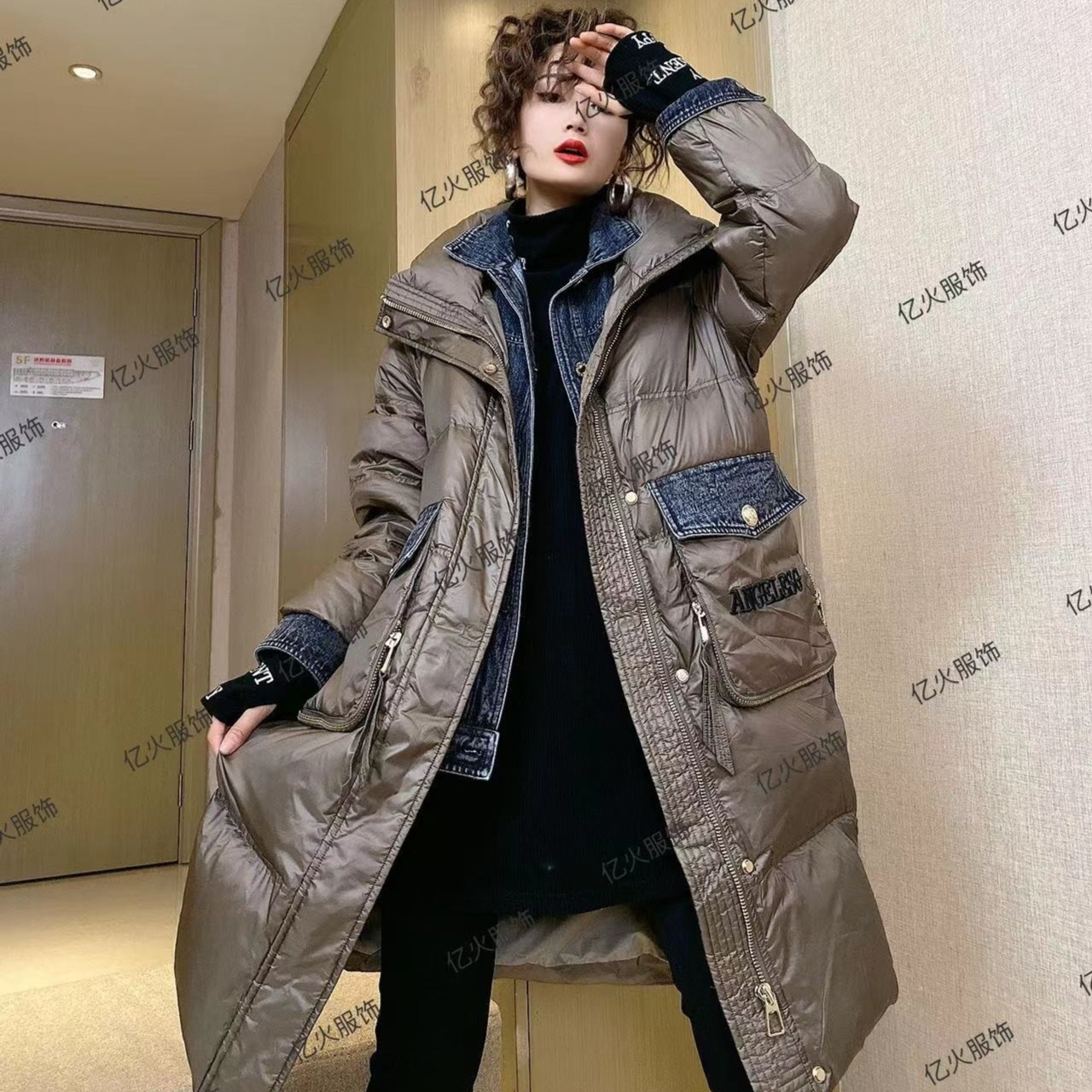 时尚经典纯色拉链口袋中长款冬季网红女装羽绒外套羽绒服-8708