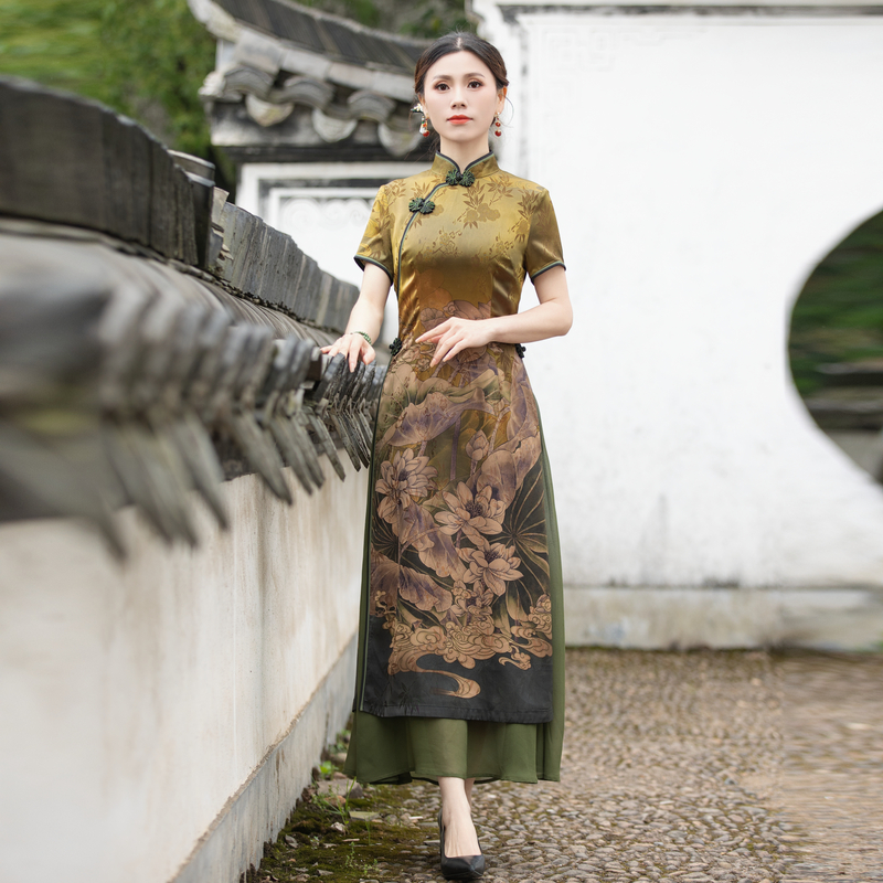 如意风奥黛旗袍中国风连衣裙女洋气长款收腰显瘦时尚开叉裙23R098