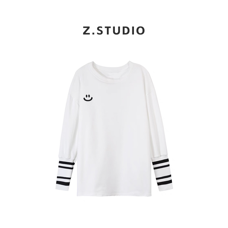 【加绒加厚】Q1210简约撞色拼接袖 加绒百搭时尚圆领宽松  打底卫衣