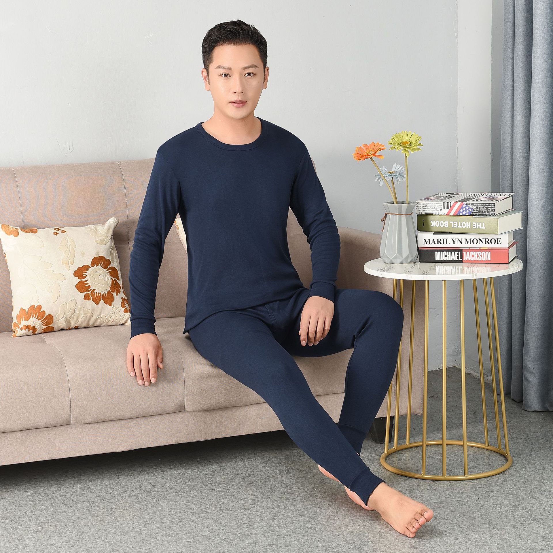 男士圆领纯棉保暖内衣套装薄款弹力舒适百搭秋衣秋裤打底衫棉毛衫