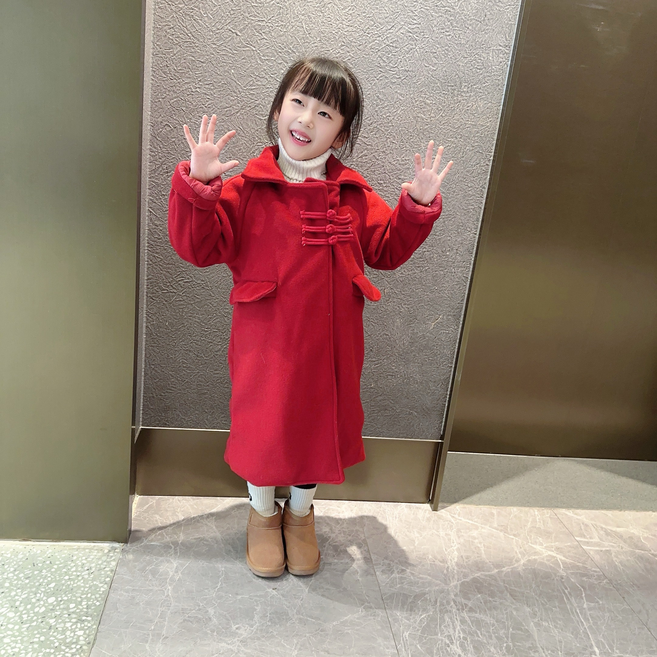 女童毛呢外套儿童呢子大衣拜年服中长款红色2023新款大童女孩洋气