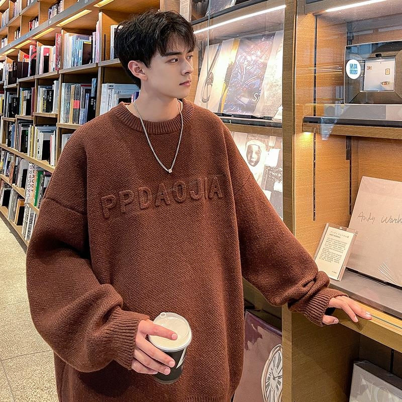 字母钢印圆领毛衣男秋冬加厚潮流百搭打底上衣慵懒大码宽松针织衫