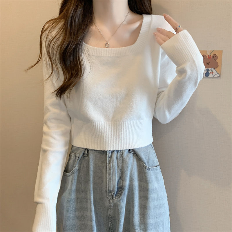 方领内搭长袖针织衫女2023新款春秋季设计感小众高腰短款打底上衣