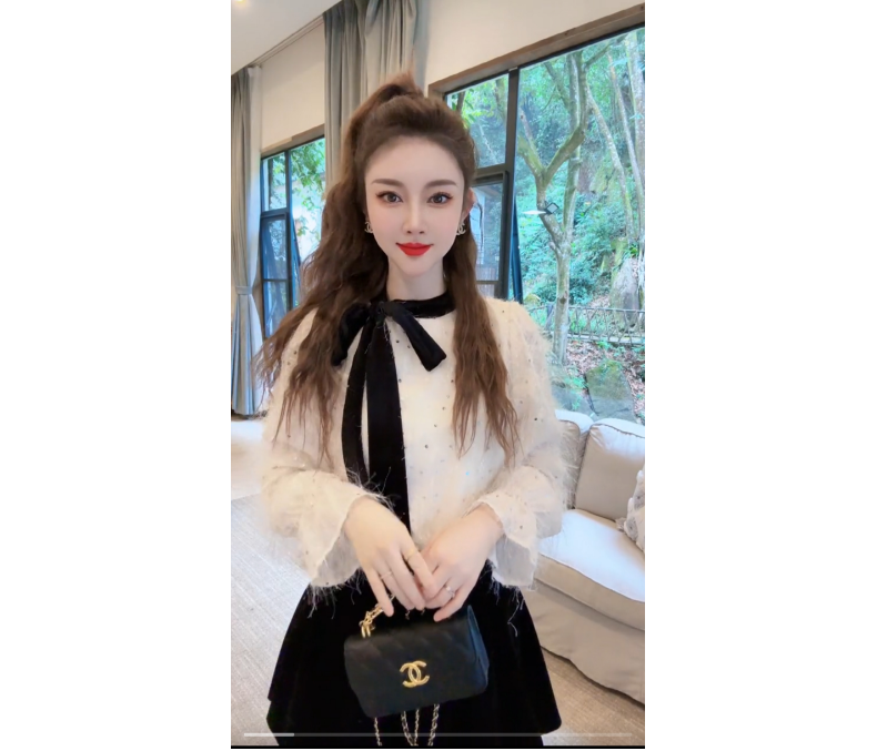 豆子严选-加绒小香风撞色加绒丝绒蝴蝶结绑带立领加绒衬衫DZ92678