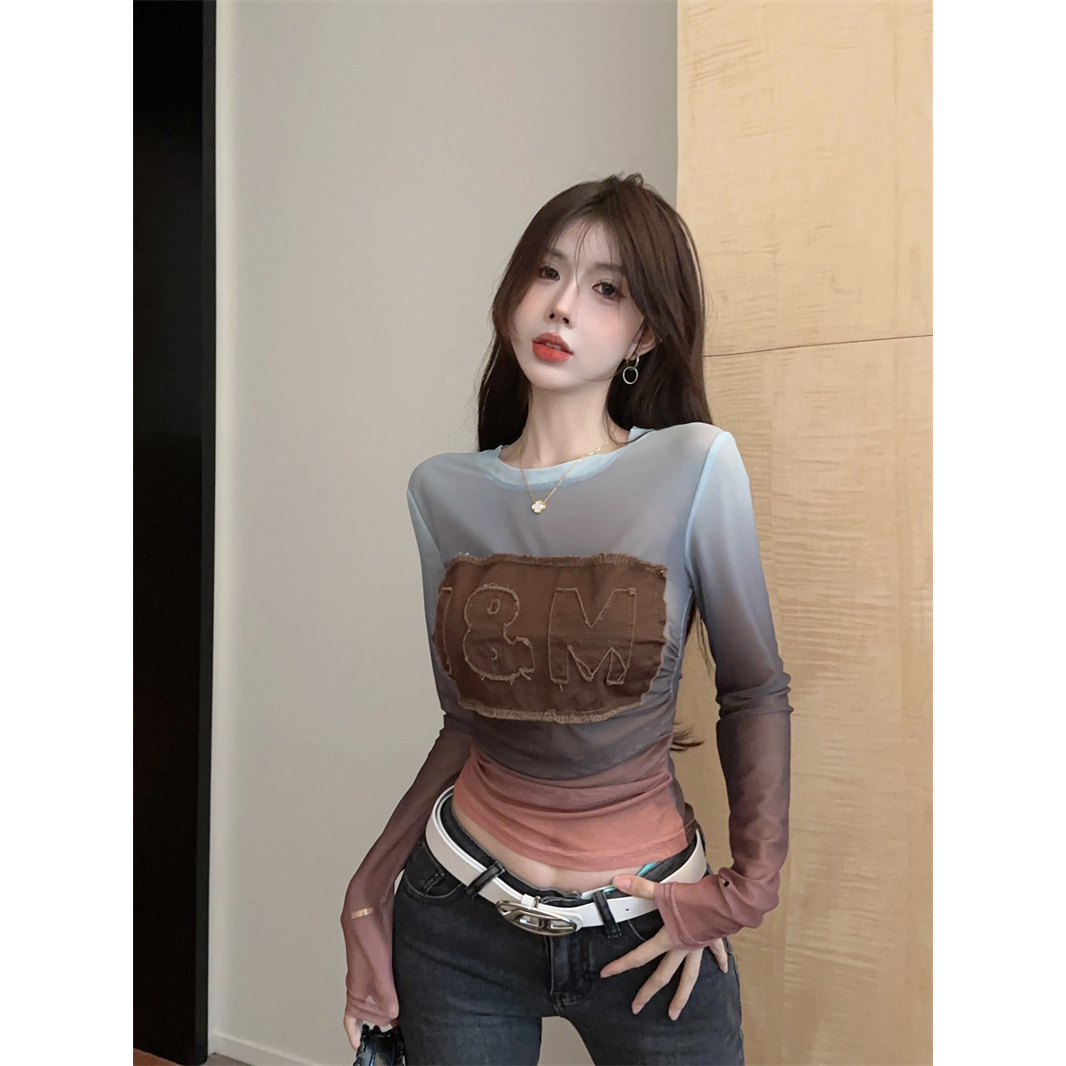 2023夏季新款修身时尚减龄内搭字母印花渐变网纱防晒t恤长袖上衣