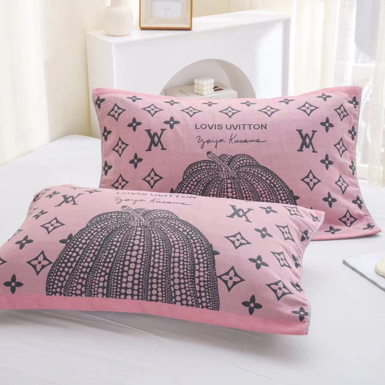 G484 纯棉八层纱布枕巾 轻奢大南瓜-粉52*78一对两只柔软舒适亲肤