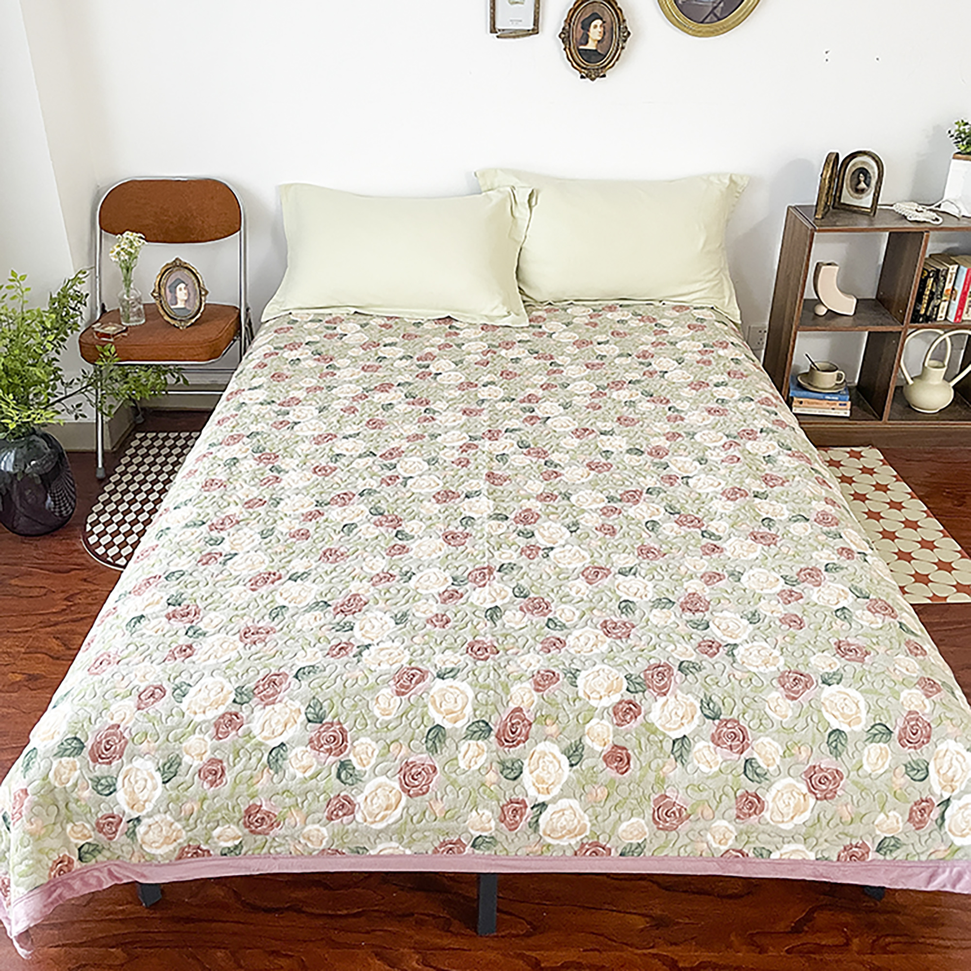 K547 牛奶绒双人床盖 田园玫瑰200*220碎花双面加厚多功能春秋冬