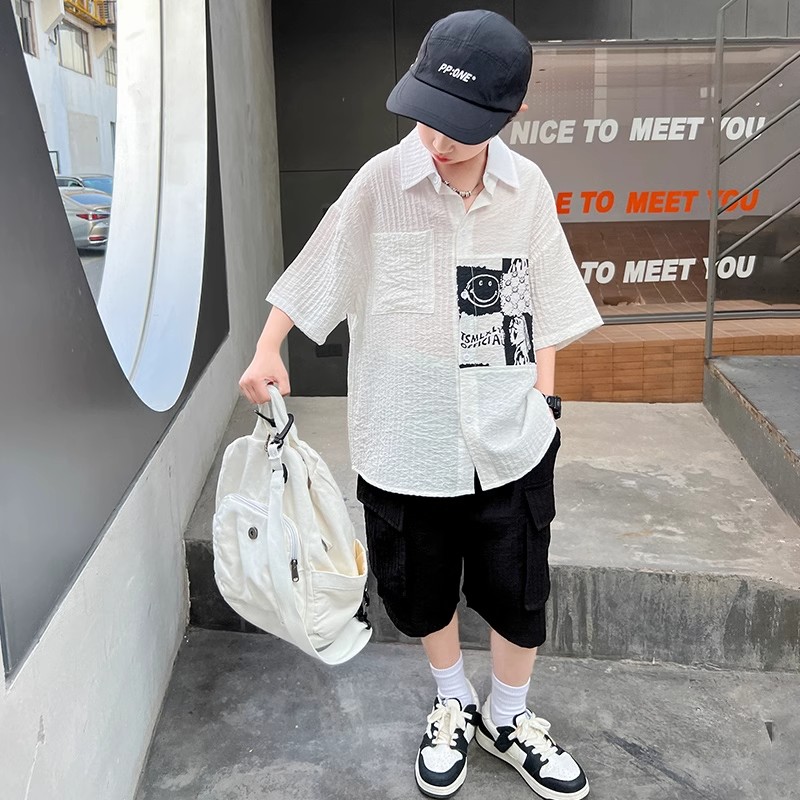 男童夏装短袖衬衫套装中大童2024新款夏季休闲男孩帅气潮酷时髦