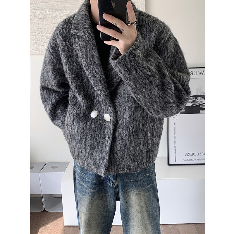 LKTION秋冬韩版新品轻奢高级庸懒风毛呢风衣外套短款加厚保暖潮男