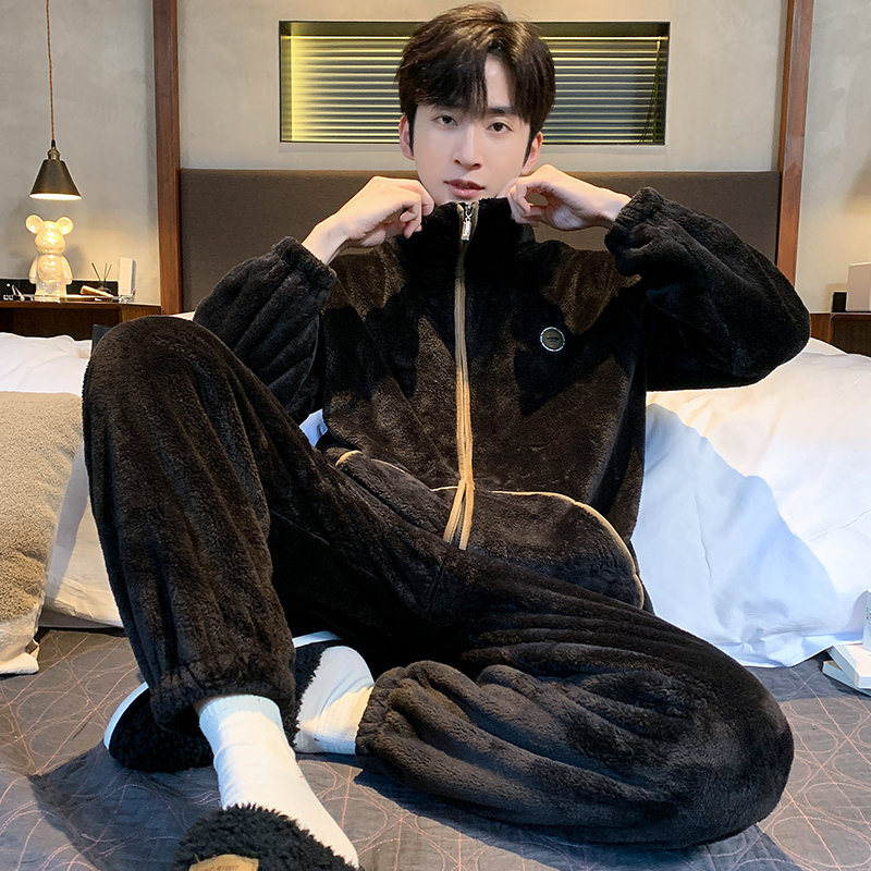 睡衣男士秋冬款珊瑚绒保暖开衫立领冬季冬天法兰绒男款家居服套装