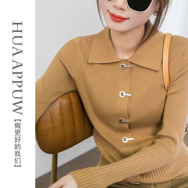 高级感金属扣polo翻领针织衫打底衫女秋冬2023新款复古毛衣上衣