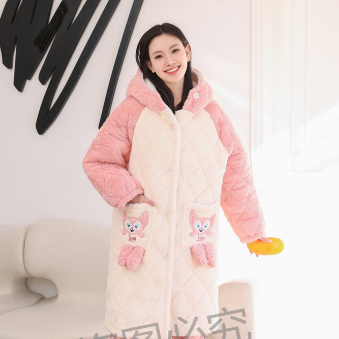 冬款零下三层加绒加棉加厚新款睡衣女睡袍连帽可爱家居服保暖冬天