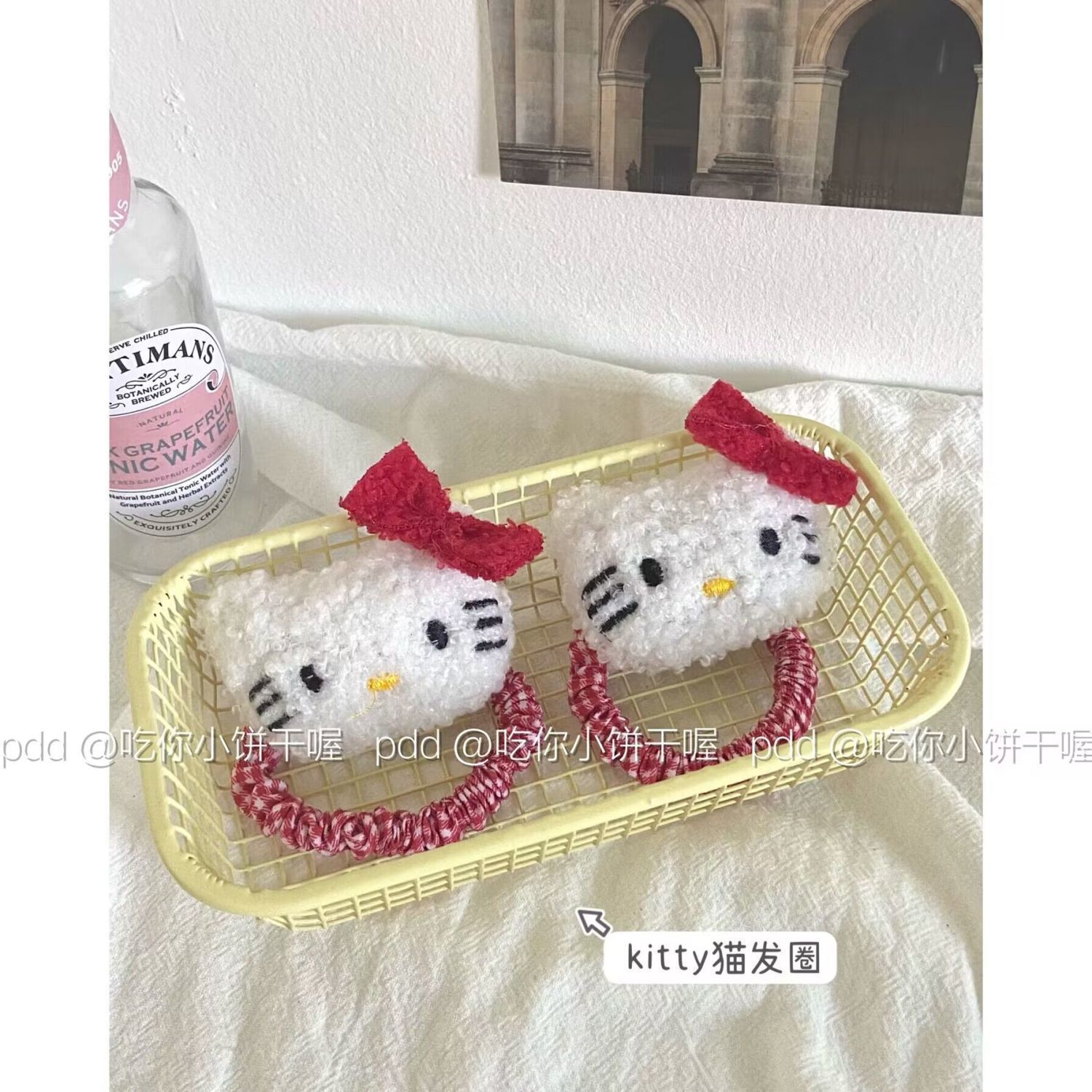 大头kitty发圈~复古格子可爱童趣褶皱圈红色蝴蝶结扎头发学生发绳