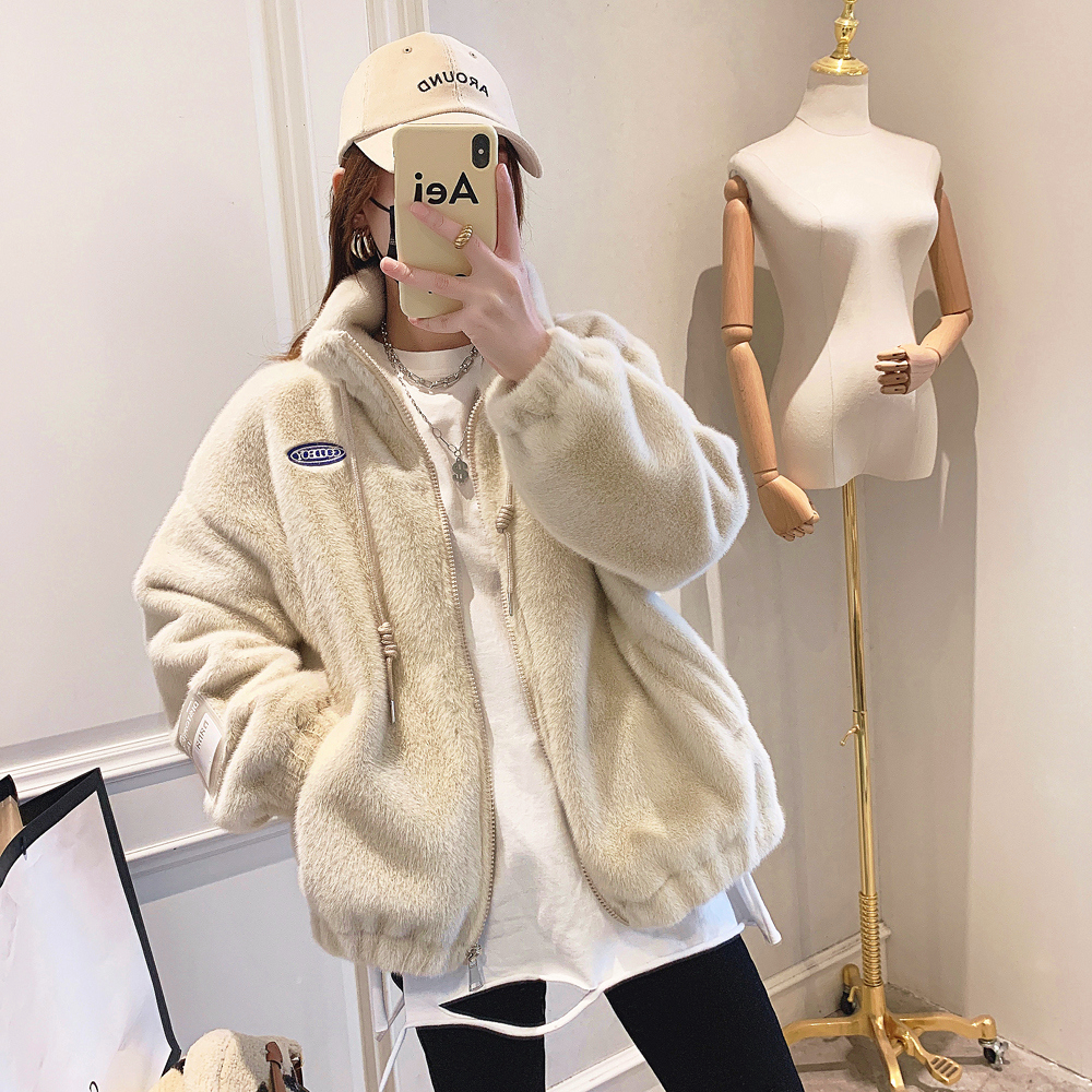 P001新款仿獭兔毛加厚毛毛外套毛绒绒外套保暖棉服女秋冬宽松上衣