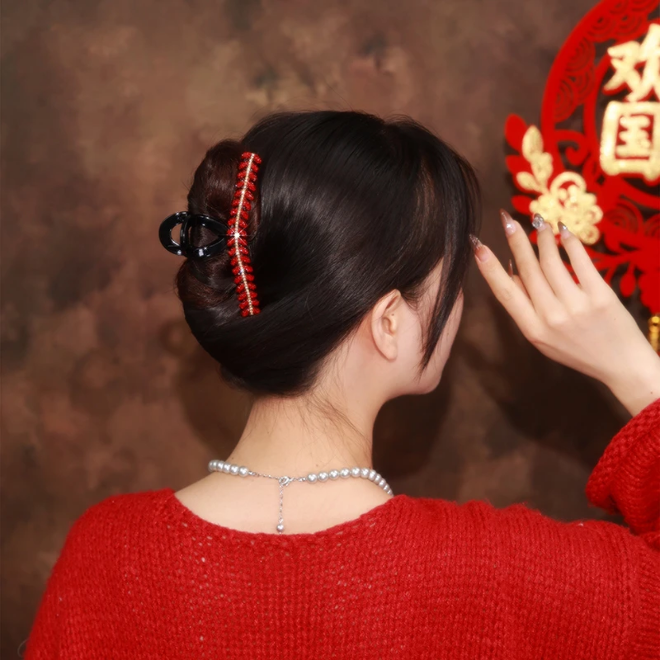 【红麦穗】新年元旦节日轻奢百搭气质优雅中国风红色简约大号抓夹F8