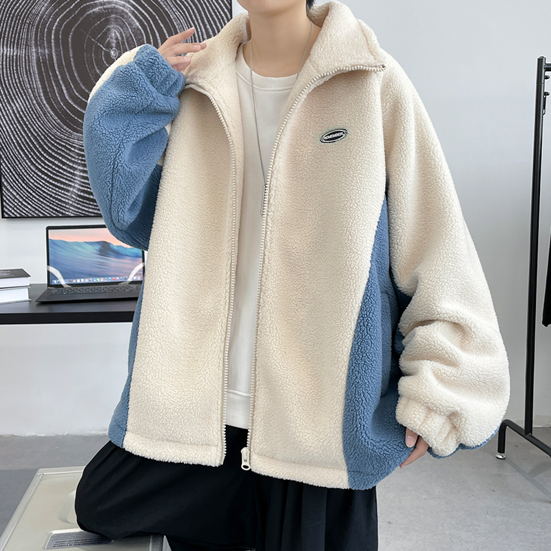 羊羔毛外套男2023冬季新款加绒加厚棉服潮牌青少年撞色摇粒绒棉衣