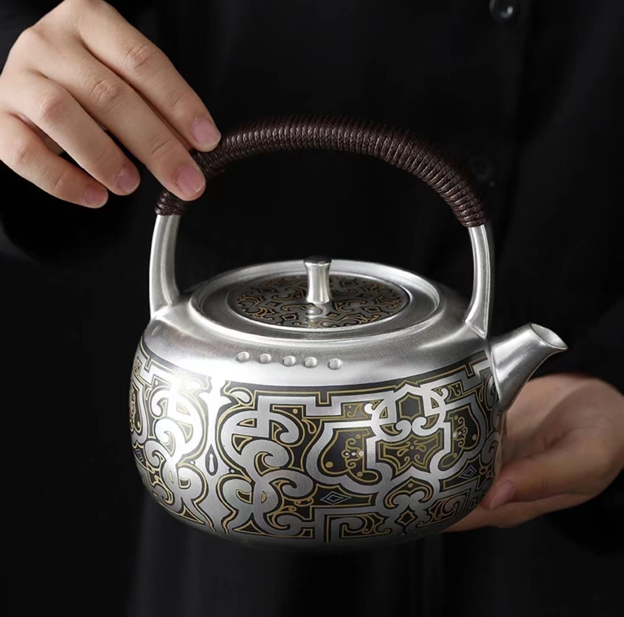 何赋森战国银壶鎏银提梁壶茶壶纯手工泡茶壶手绘煮茶壶礼品
