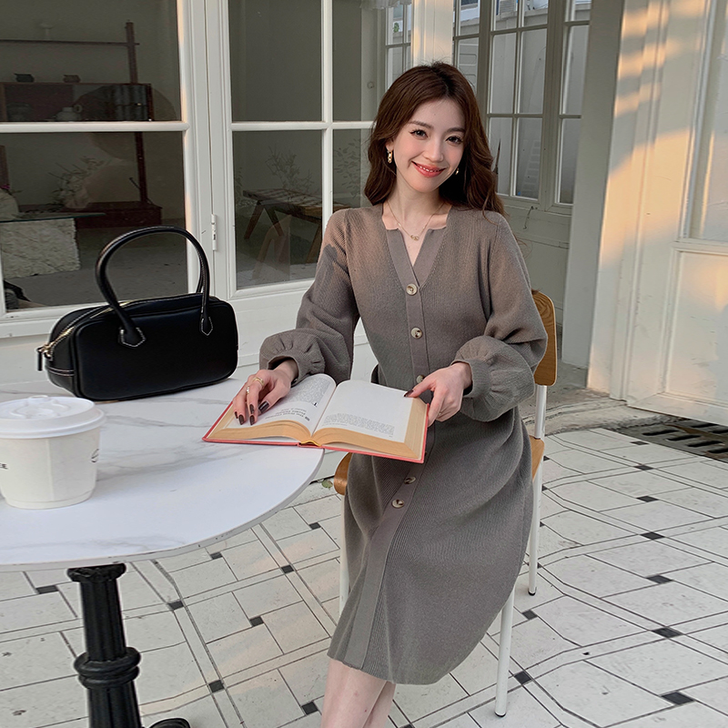 大码胖mm秋冬遮肉复古气质收腰显瘦针织连衣裙思思ZL38596